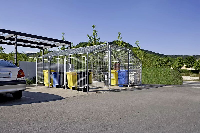 Wertstoffüberdachung SPUTNIK für 6 Stück 4-Rad-Abfallgroßbehälter, Dachbreite x Dachtiefe 4750 mm x 4500 mm, Stahlkonstruktion feuerverzinkt